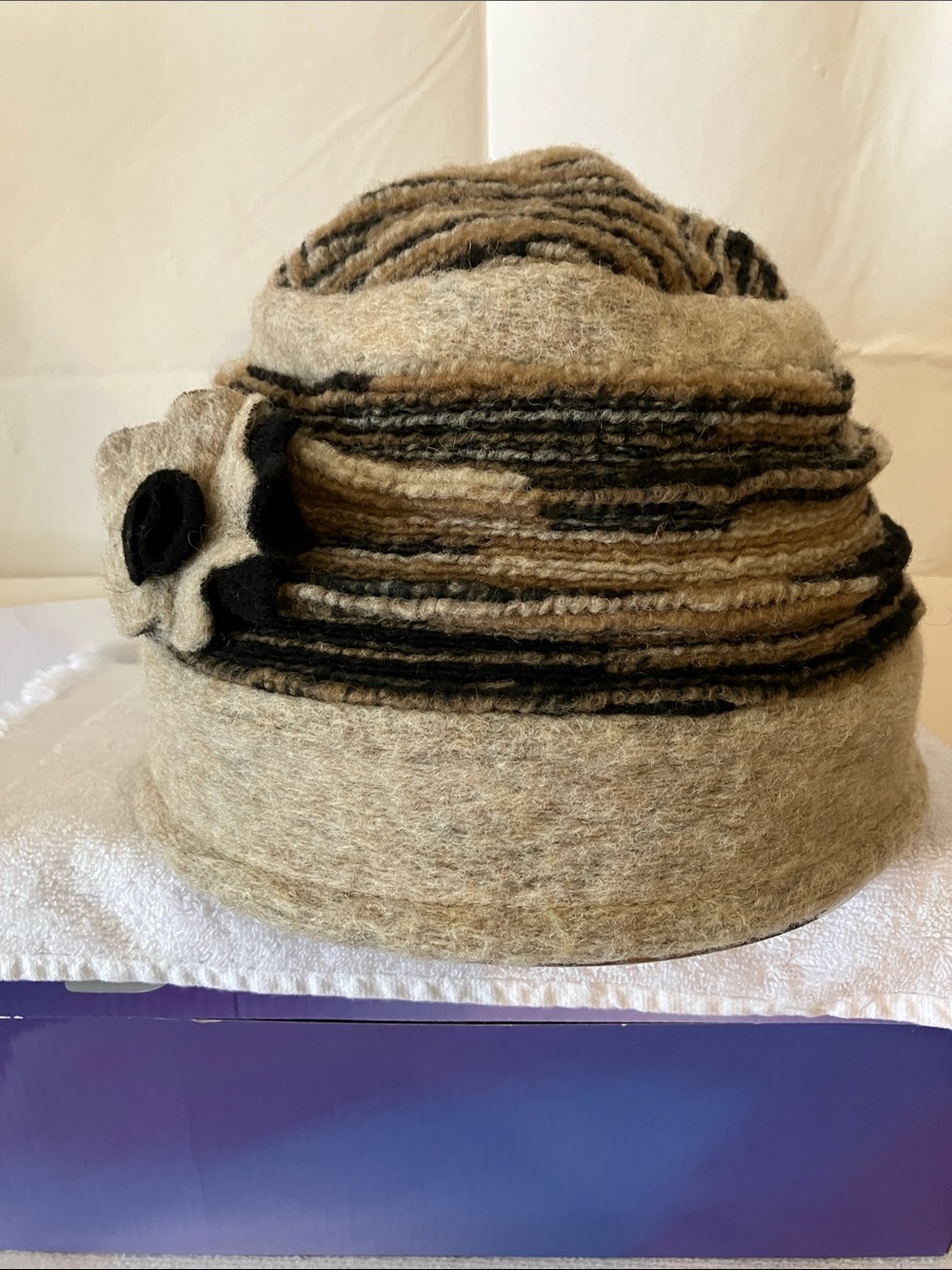 Bordoni Vintage  Beige & Black Women’s Wool Cloche Hat-Italy-Flower Accent
